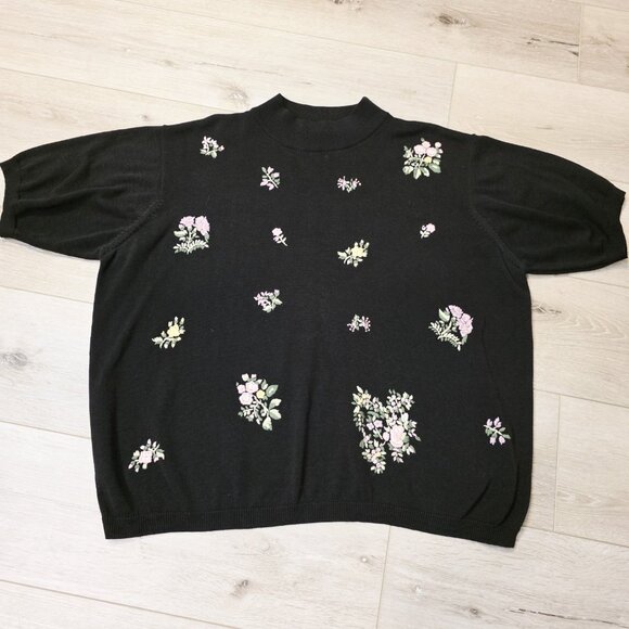 Vtg Womens Stefano Basics Black Floral Embroider Short Sleeve Blouse 22/24 - Picture 1 of 6